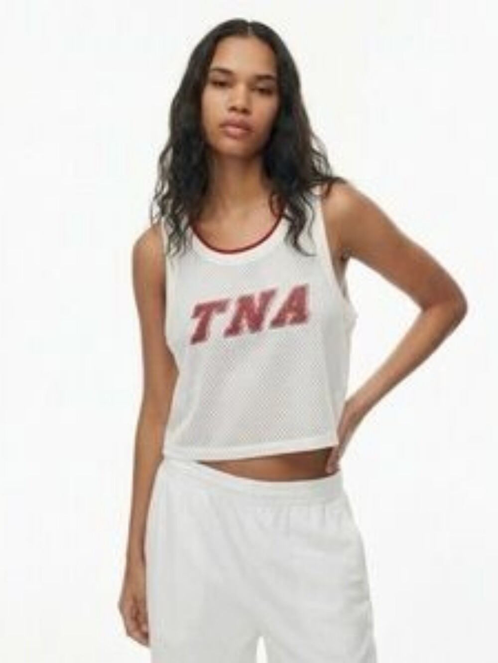 TNA Medium White Mesh Graphic Crop Jersey Tank Top Red Logo